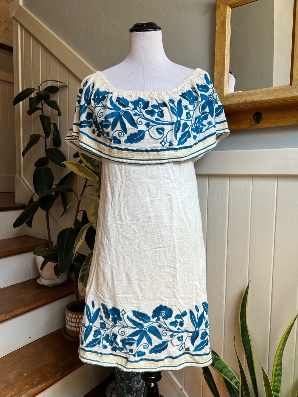 Scotch & Soda Maison Scotch White Blue Floral Embroidered Smocked Dress XS